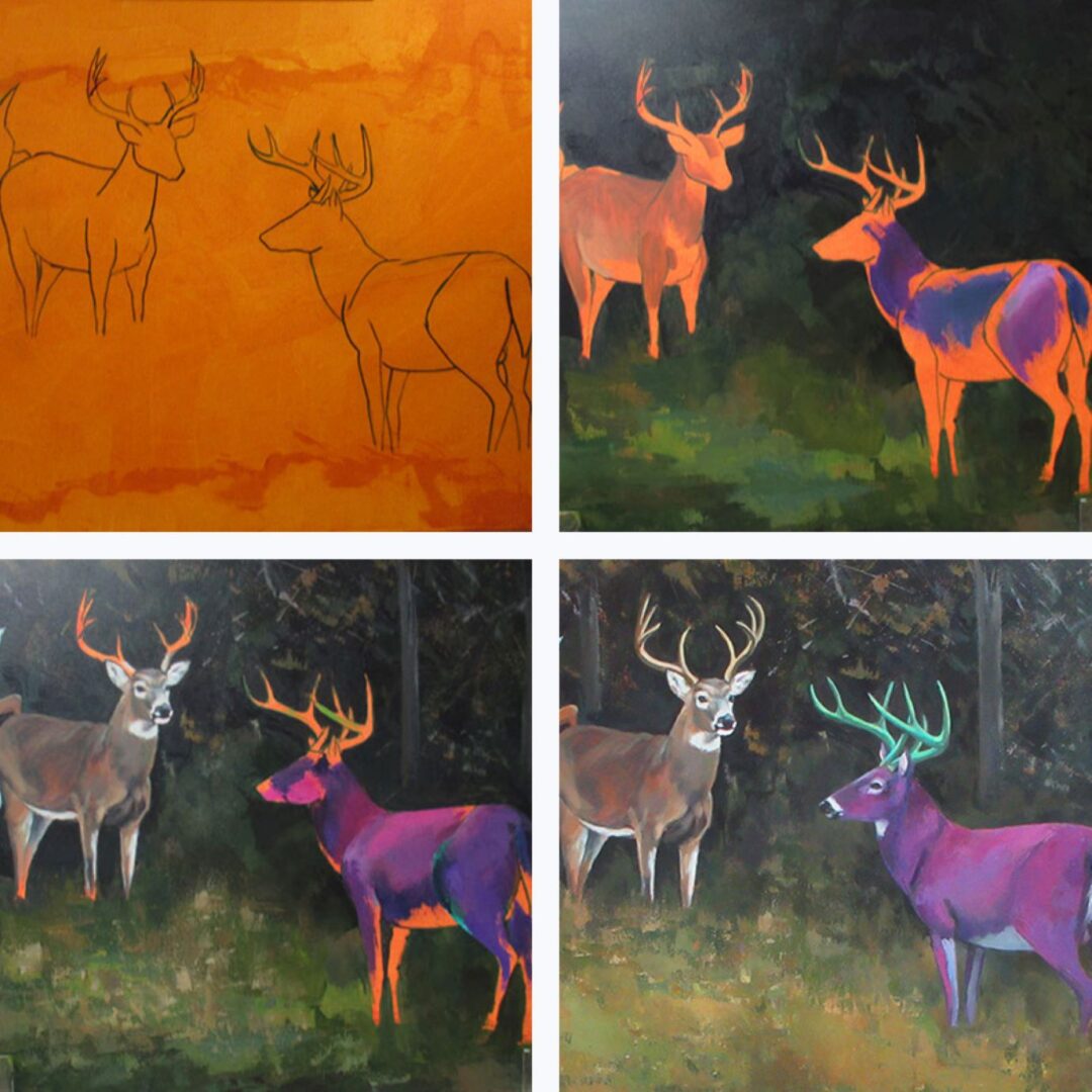 Detail of The Purple Buck in various stages, from sketch to finished painting. 
