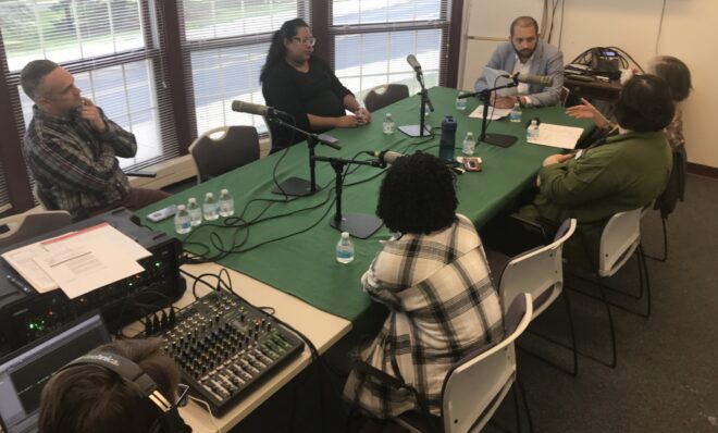 Amaury Abreu (at right) of Climate Solutions partner Q'Hubo News leads a climate-focused listening session in Spanish at Shippensburg University on Oct. 8, 2023.