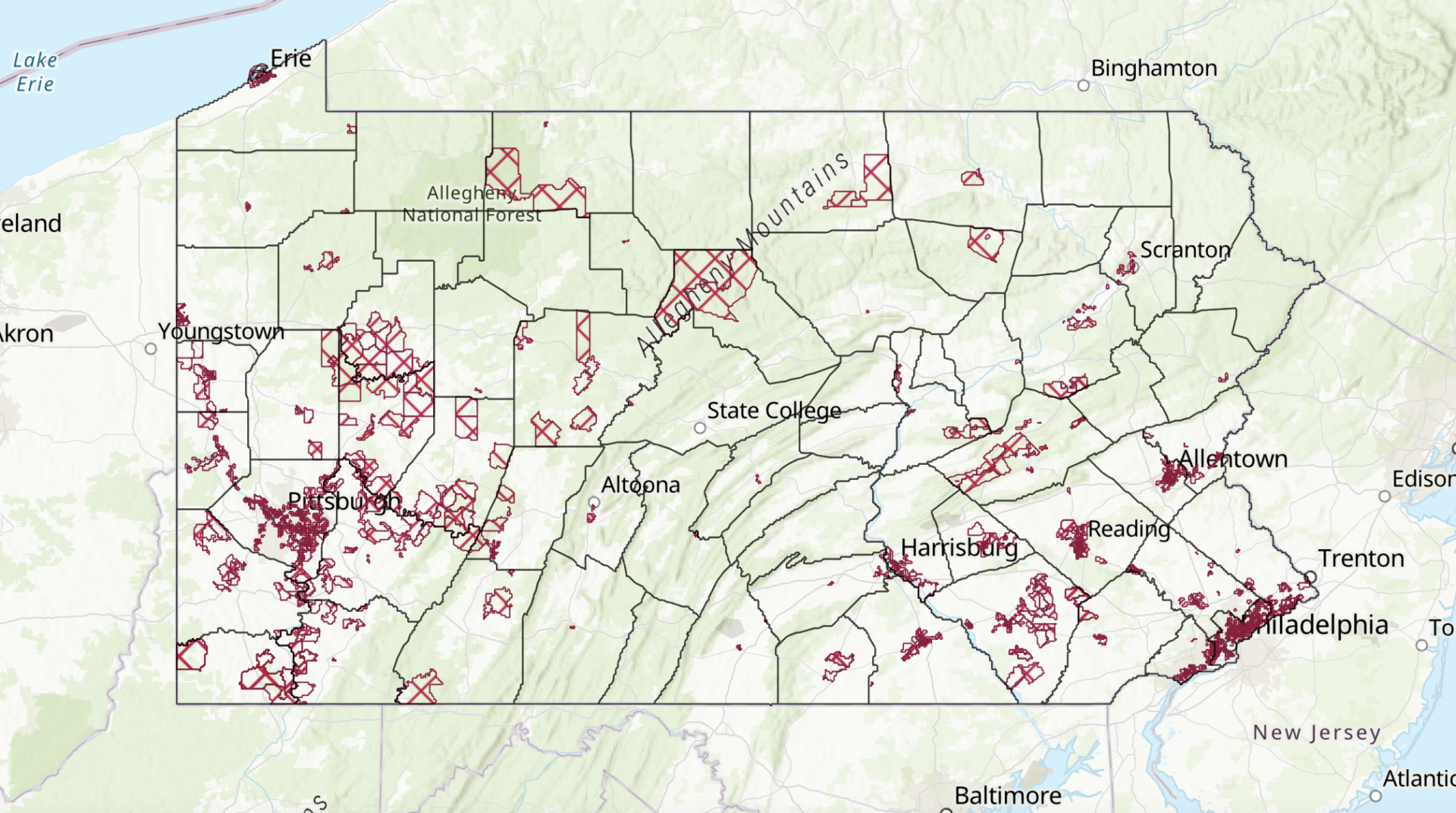 A map of Pennsylvania’s 2023 environmental justice areas highlighted in red.