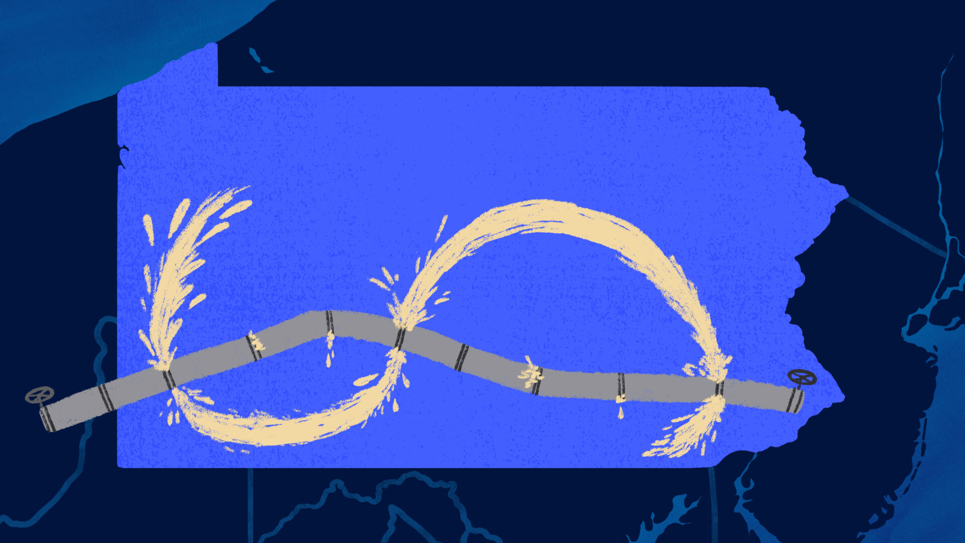 An illustration of the Mariner East II pipeline running across PA with drilling fluid leaks creating a dollar sign.