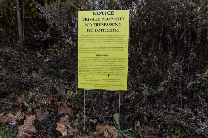 Sign posted along College Drive in Pottstown, Pa., announcing the clearing of encampments along the Schuylkill River in Montgomery County by December 1, 2023.
