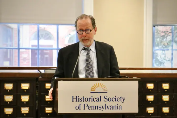 David Brigham, CEO of the Historical Society of Pennsylvania, announces the society’s programming for its 200th anniversary in 2024. (Emma Lee/WHYY)