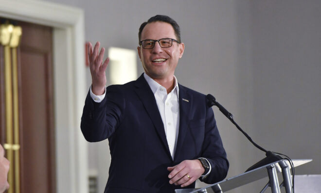 Pennsylvania Gov. Josh Shapiro smiles during an appearance at the Pennsylvania Press Club, Nov. 20, 2023, in Harrisburg, Pa. 