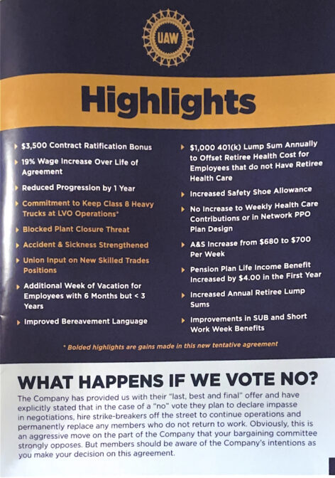A page of the brochure given out to UAW Local 677 members before the latest vote.