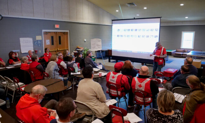 Dean Leis, shelter lead, talks to volunteers as The American Red Cross Central Pennsylvania Chapter held a shelter simulation on Tuesday, Nov. 14, 2023, at the Mechanicsburg Brethren in Christ Church. Jeremy Long - WITF