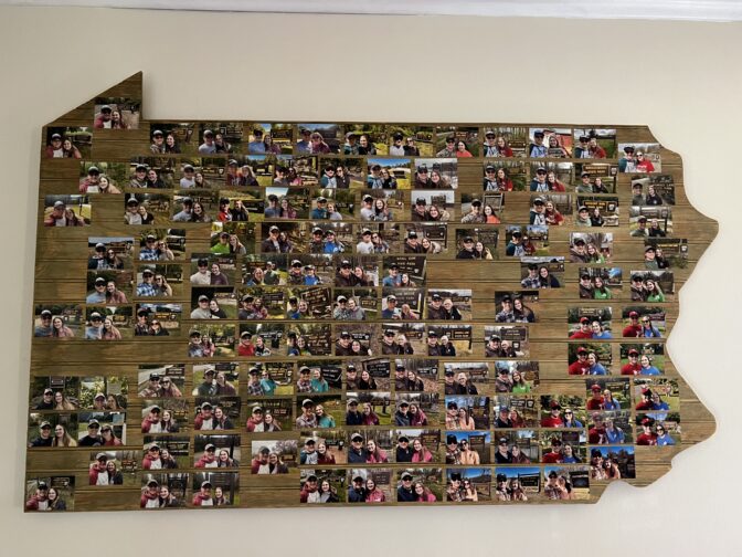 Kenny Marlow made his fiancée, both of Schuylkill County, a cut out of Pennsylvania with pictures of the couple at each state park.