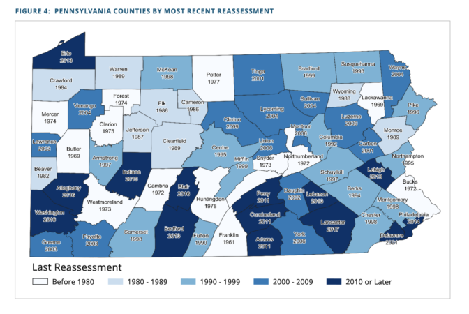 A 2022 report by the Pennsylvania Economy League shows when each county last conducted a reassessment.