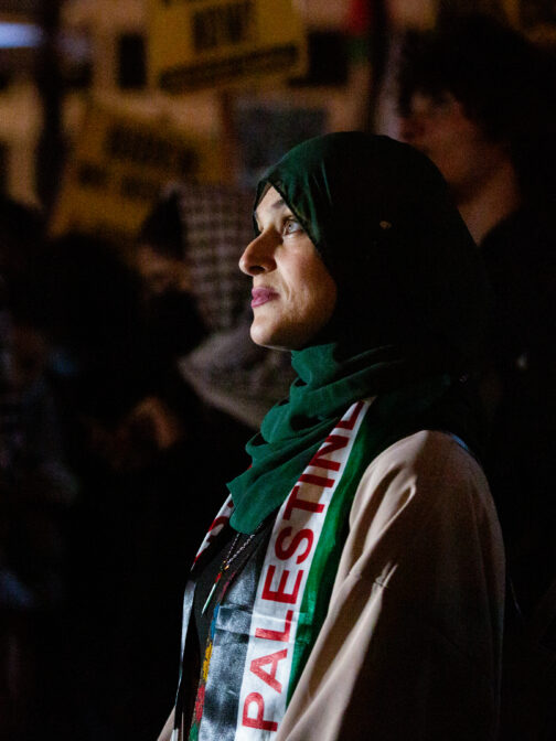 Lnmia Zahi participates attends a rally outside of the Powell Street BART Station to call for a ceasefire in Gaza as President Joe Biden arrives in San Francisco for the Asia-Pacific Economic Cooperation (APEC) conference on Tuesday, Nov. 14, 2023. The crowd of hundreds quickly grew to thousands when protestors filled the streets, marching to The Merchant Exchange where the President and Vice President Harris held a re-election fundraiser.