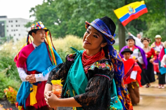 Jatun Mashikiuna performs during a festival in downtown Hartford, Ct., where officials and the general public joined members of the Ecuadorian community to raise their flag at the Capitol in observance of Ecuador’s Independence Day. (Ayannah Brown/Connecticut Public)