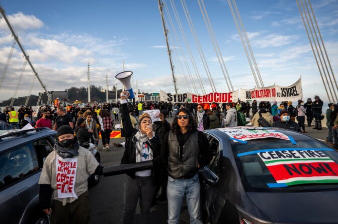 Protesters demanding a cease-fire in the Israel-Hamas war in Gaza blocked all westbound lanes of the Bay Bridge Thursday, Nov. 16, 2023.