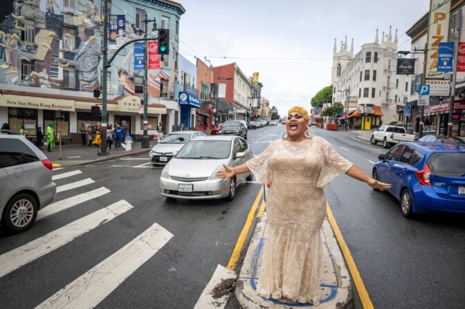 Dulce De Leche performs on Columbus Avenue during the event San Francisco is a Drag, a series of outdoor drag performances in San Francisco on Saturday, Dec. 2, 2023. Organizers Juanita MORE!, Honey Mahogany, and D’Arcy Drollinger partnered with The Civic Joy Fun and Oasis Arts to coordinate performances for 100 drag artists throughout San Francisco on December 2 and 3. The series kicked off in North Beach on Saturday on seven street corners throughout the neighborhood.
