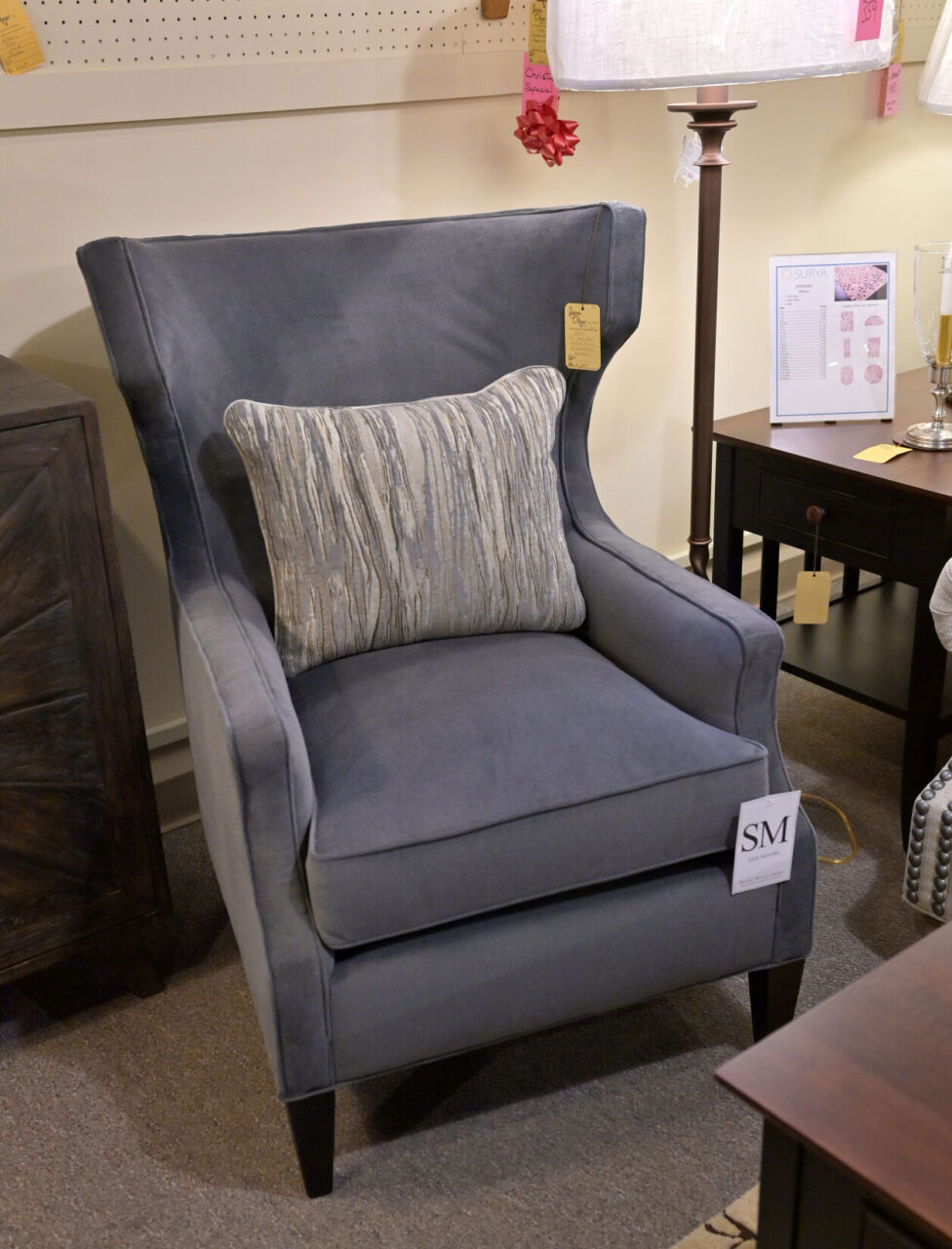 A Sam Moore, Miri Wing Chair that sells for $1,389.00 at Benjamin T. Moyer Furniture in Sunbury, is like a chair that was purchased by Governor Josh Shapiro from the store earlier this year on Thursday, Nov. 16, 2023.