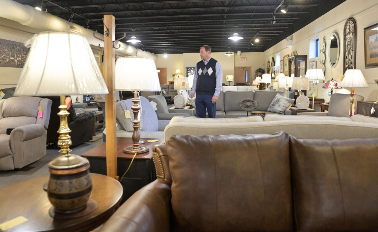 Dave Moyer, third generation owner of Benjamin T. Moyer Furniture in Sunbury, speaks from his main furniture showroom with a reporter about purchases made from his store by Governor Josh Shapiro on Thursday, Nov. 16, 2023.