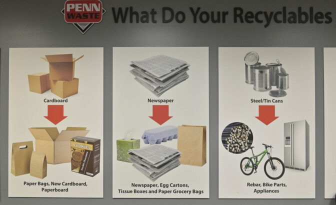A list of recyclable materials and what they turn into hangs on the wall at the Penn Waste facility in York on Tuesday, Nov. 21, 2023.