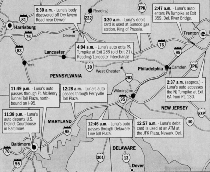 This map, published in March 2004, shows the route Jonathan Luna took on the night of his death, pieced together from EZ-Pass, credit card and ATM records.