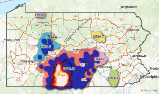 Map showing "disease management areas" in Pennsylvania. Data includes positive samples from 2012 to the current day. Blair and Huntingdon counties are among the top five most contaminated areas for CWD in the state.
