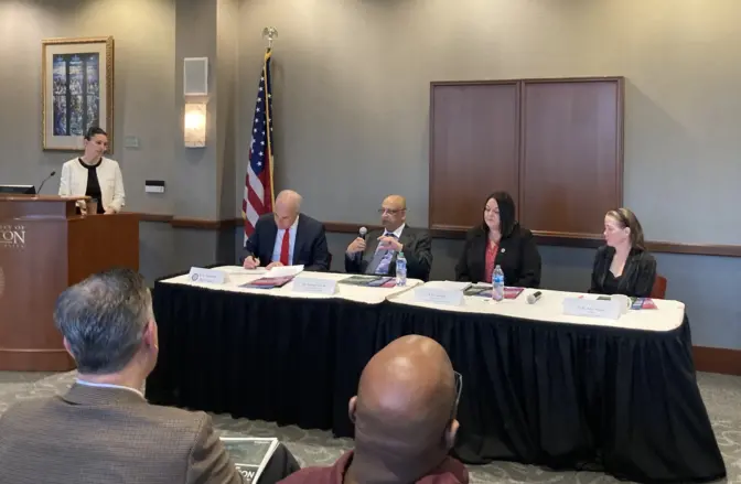 Dr. Satyajit Ghosh speaks during a food inflation panel on Dec. 22 at the University of Scranton. Also on the panel were U.S. Sen. Bob Casey (left), Lisa Durkin of the United Neighborhood Centers and Kelly Ann Walsh, a self-employed worker.