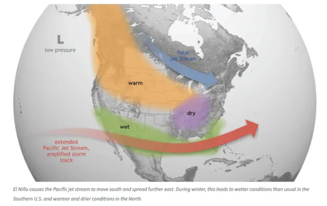 Graphic showing the effects of El Niño patterns in North America.