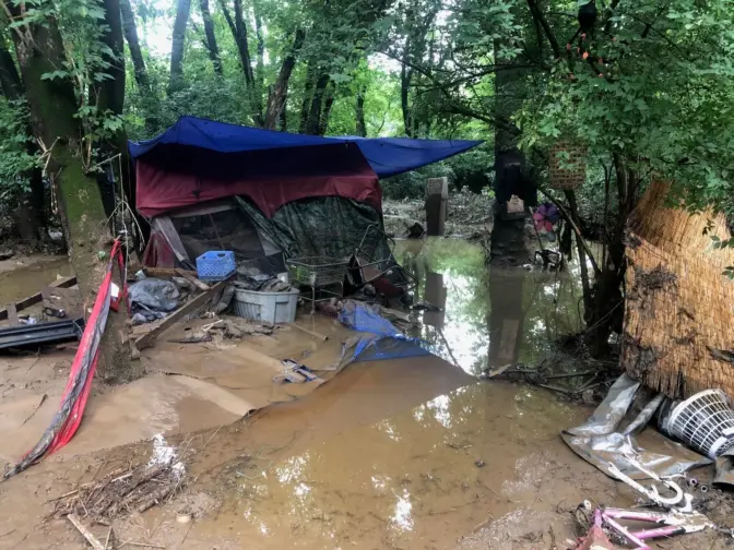 A photo outreach worker Mark Boorse took on the morning of July 10, 2023, showing the encampment by the Schuylkill River in Pottstown flooded. By this point, the water had already started to recede. (Mark Boorse/Access Services)