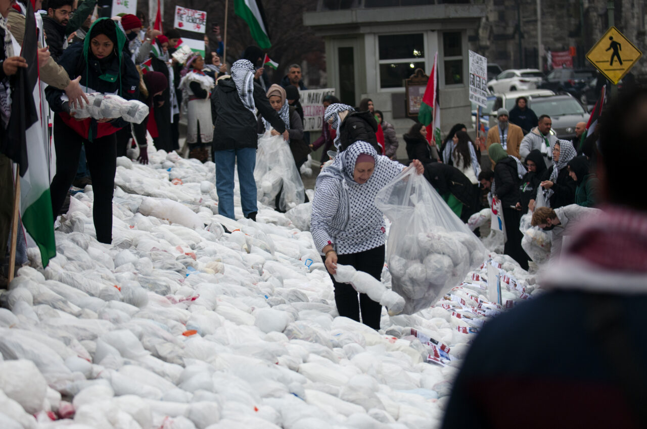 Hundreds gathered at the state capitol building and marched to the governor's residence in Harrisburg on Dec. 10, 2023 calling for a permanent cease fire in the war between Israel and Palestine. Demonstrators made tiny body bags and placed them on the steps to illustrate how many people have been killed in the latest war. Jeremy Long - WITF