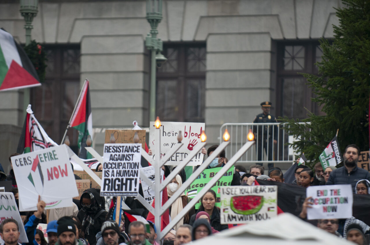 as hundreds gathered at the state capitol building and marched to the governor's residence in Harrisburg on Dec. 10, 2023 calling for a permanent cease fire in the war between Israel and Palestine. Jeremy Long - WITF