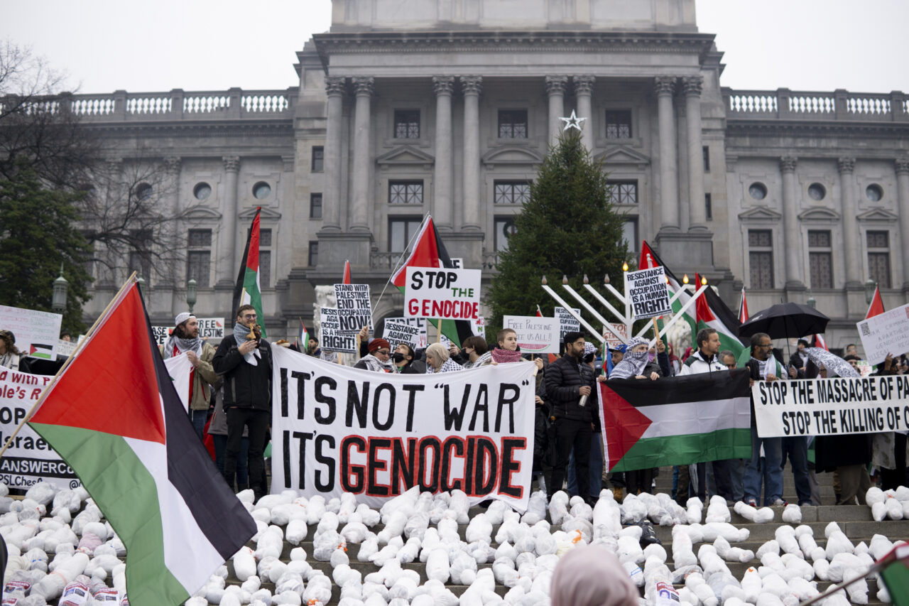 Hundreds gathered at the state capitol building and marched to the governor's residence in Harrisburg on Dec. 10, 2023 calling for a permanent cease fire in the war between Israel and Palestine. Jeremy Long - WITF