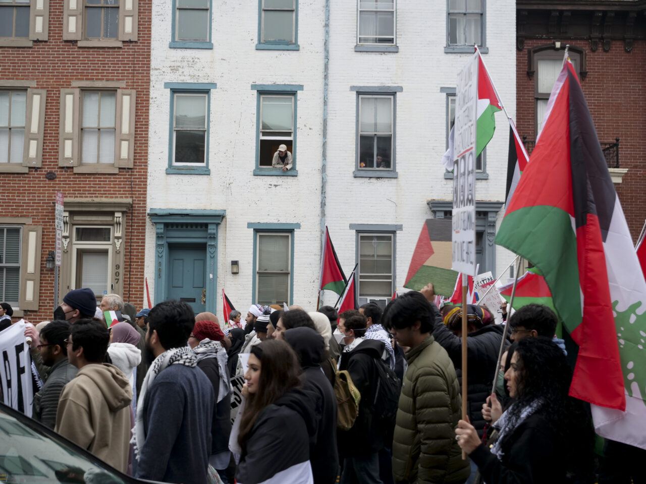 Hundreds march down Second Street after they gathered at the state capitol building and marched to the governor's residence in Harrisburg on Dec. 10, 2023 calling for a permanent cease fire in the war between Israel and Palestine. Jeremy Long - WITF