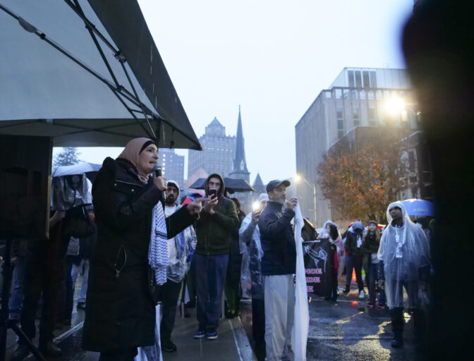 Linda Sarsour speaks to attendees as hundreds gathered at the state capitol building and marched to the governor's residence in Harrisburg on Dec. 10, 2023 calling for a permanent cease fire in the war between Israel and Palestine. Jeremy Long - WITF