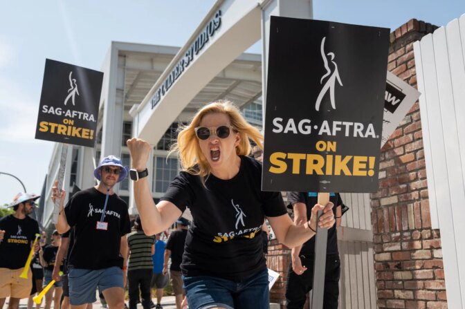 Screen Actors Guild members and Writers Guild of America members picket at the Amazon Culver Studios in Culver City on June 17, 2023. Photo by Julie A Hotz for CalMatters