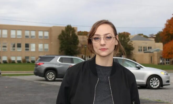 Zsuzsa Gyenes in East Palestine. She and her son moved away after the Norfolk Southern train derailment and chemical burn. Photo: Julie Grant / The Allegheny Front
