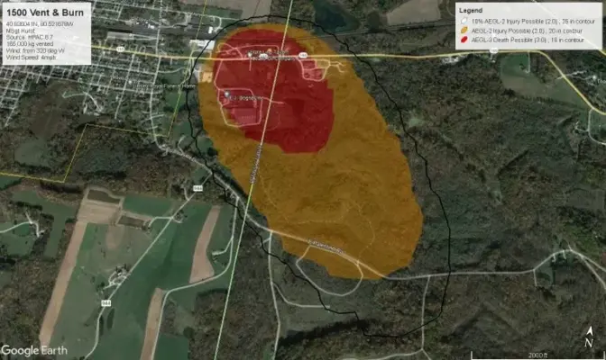 On February 6, 2023, Ohio Gov. DeWine and Pa. Gov. Shapiro issued an evacuation order for people in the red and orange zones around the Norfolk Southern train derailment site in East Palestine, Ohio. Image courtesy state of Ohio.