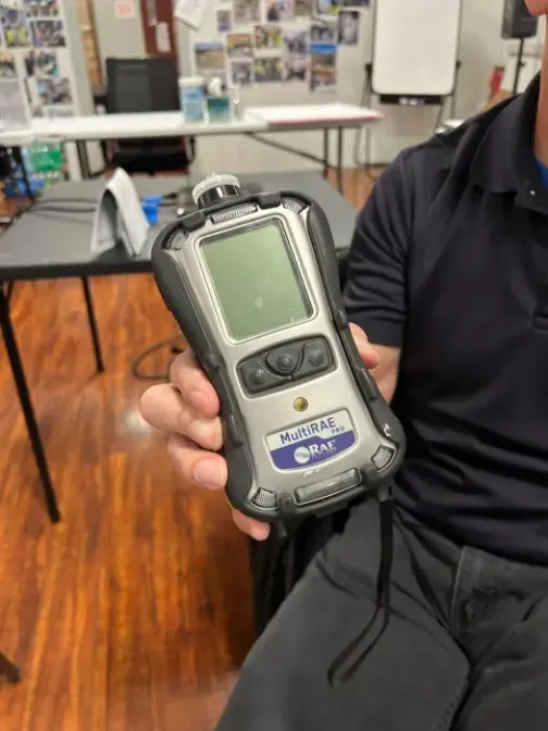 EPA response coordinator Mark Durno holds a photoionization detector. Photo: Reid R. Frazier / The Allegheny Front