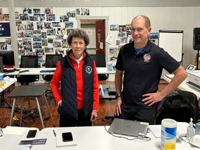 Debra Shore, the EPA’s regional administrator, and Mark Durno, an EPA response coordinator for East Palestine, were in the EPA response center in East Palestine on January 23, 2024. They say the clean-up efforts followed sound science. Photo: Reid R. Frazier / The Allegheny Front