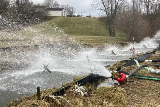 Leslie Run in East Palestine is being aerated on March 13, 2023. The Feb. 3, 2023 train derailment contaminated streams that run through the town. Photo: Julie Grant/ Allegheny Front