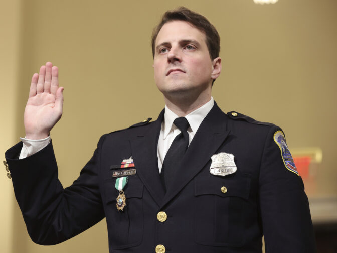Washington Metropolitan Police Department officer Daniel Hodges is sworn in before the House select committee hearing on the Jan. 6 attack on Capitol Hill in Washington, Tuesday, July 27, 2021. (Chip Somodevilla/Pool via AP)