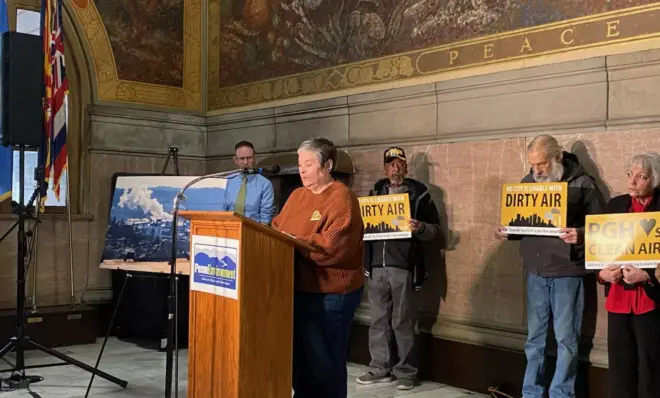 At a Jan. 29 press conference, North Braddock resident Edith Abeyta said a settlement involving pollution violations at the Clairton Coke Works could bring about a day "when I do not have to check an air monitor to open my windows."
