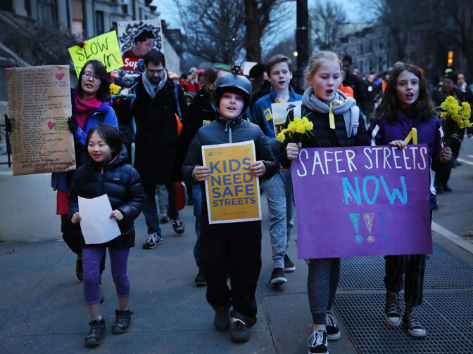 NEW YORK, NY - MARCH 12: Hundreds of residents, children, activists and politicians attend a March for Safe Streets following a recent accident where two small children were killed by a car driver on March 12, 2018 in the Brooklyn borough of New York City. A new report by the Governors Highway Safety Association estimates the number of pedestrian deaths last year was 6,000 nationwide, a 33-year high.The report highlights a number of factors for the continued increase including distracted drivers using mobile devices and a larger number of cars on the road due to an improved economy. Despite the accident, New York City has been seeing some improvement in the number of pedestrian deaths since Mayor Bill de Blasio's Vision Zero initiative. (Photo by Spencer Platt/Getty Images)