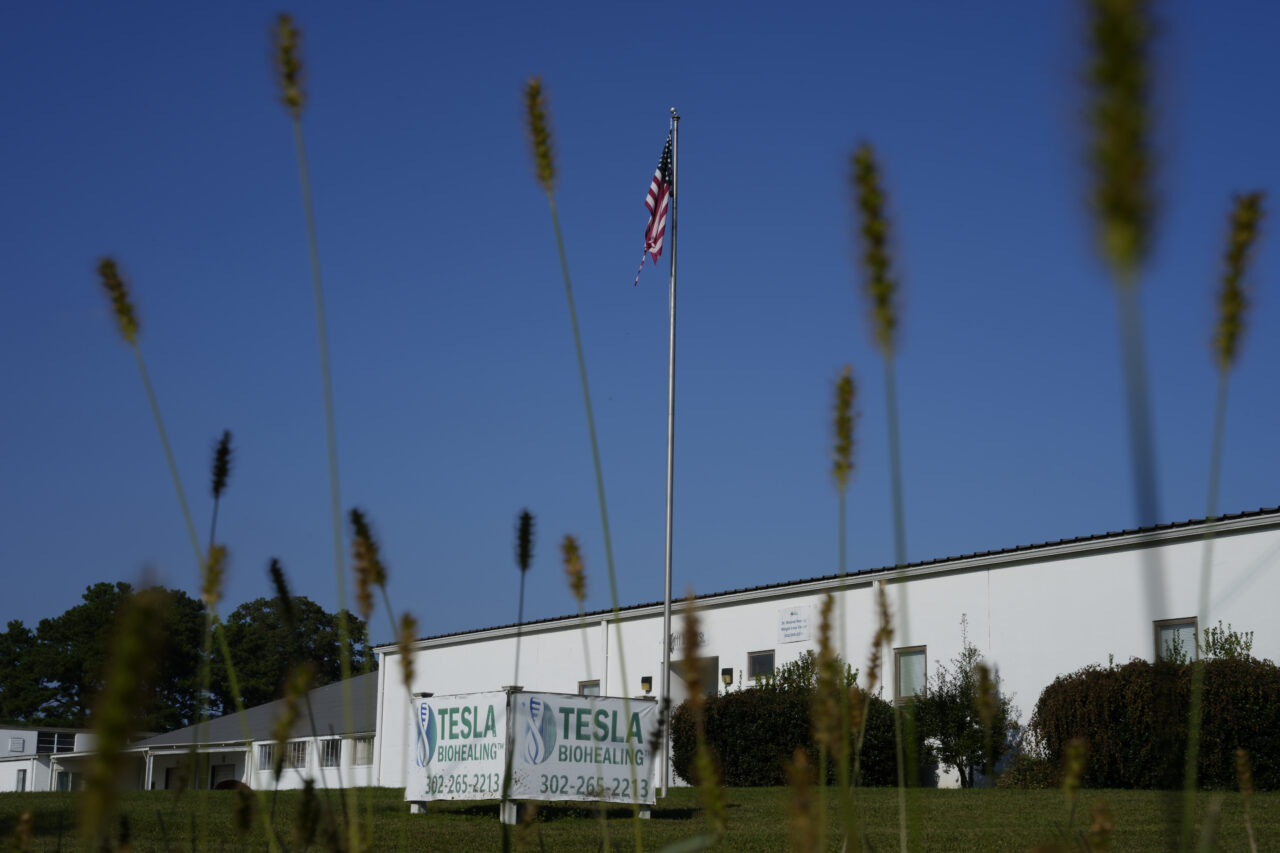 An American flag is seen on a still day outside the Tesla BioHealing & MedBed Center, in Milford, Del., Monday, Oct. 2, 2023. (AP Photo/Carolyn Kaster)