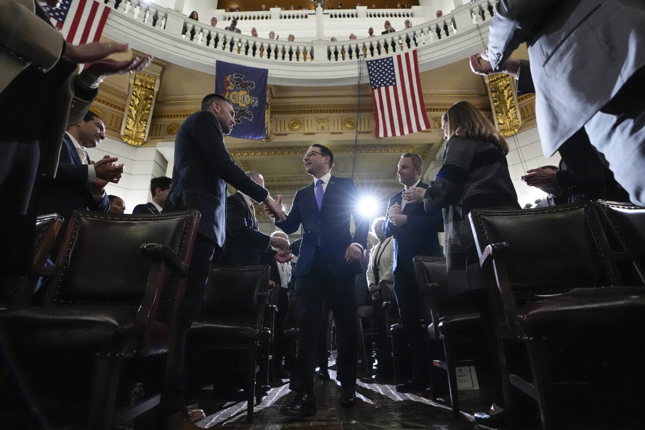 Gov. Josh Shapiro arrives to deliver his budget address for the 2024-25 fiscal year to a joint session of the Pennsylvania House and Senate in the Rotunda of the state Capitol in Harrisburg, Pa., Wednesday, Feb. 6, 2024. (AP Photo/Matt Rourke)