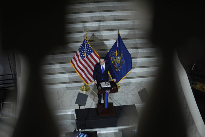 Gov. Josh Shapiro delivers his budget address for the 2024-25 fiscal year to a joint session of the Pennsylvania House and Senate in the Rotunda of the state Capitol in Harrisburg, Pa., Wednesday, Feb. 6, 2024. (AP Photo/Matt Rourke)