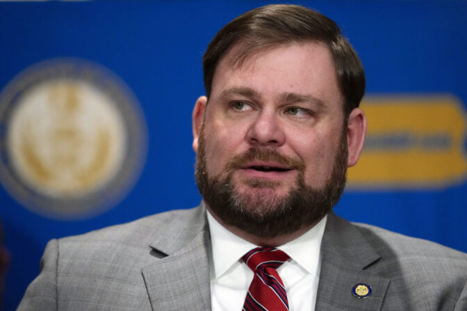 Pennsylvania Senate Majority Leader Joe Pittman, R-Indiana, speaks during a news conference in the Capitol after Gov. Josh Shapiro delivered his budget address for the 2024-25 fiscal year, Wednesday, Feb. 6, 2024, in Harrisburg, Pa. (AP Photo/Matt Rourke)