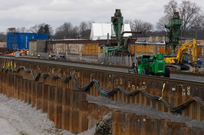 The site of a train derailment in East Palestine, Ohio, on Jan. 31, 2024 days before the accident's 1 year anniversary. (Elizabeth Gillis/NPR)