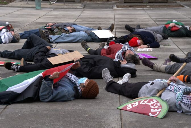 A group of Palestine supports staged a 'die-in' outside of state Treasurer Stacy Garrity's office on March 18.