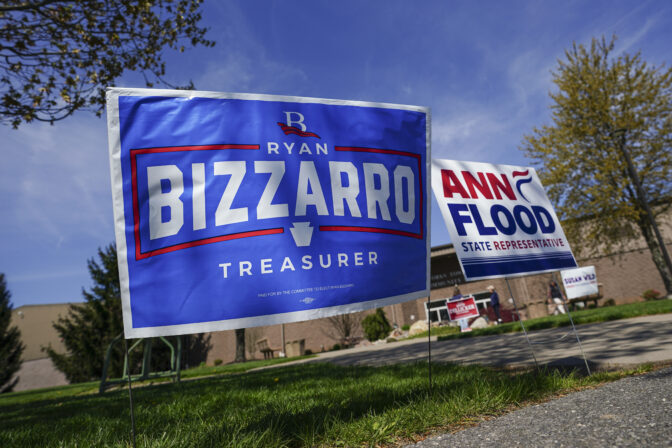 A campaign sign for Ryan Bizzarro at Forks Township Community Center in Northampton County, Pennsylvania, on primary Election Day 2024.