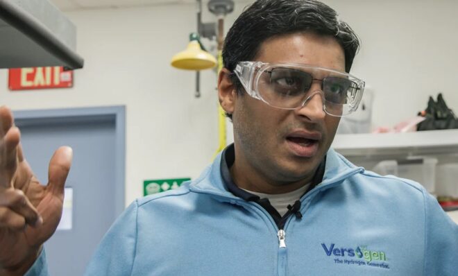 Balsu Lakshmanan, CTO of Versogen, inside his research lab where researchers are testing an electrolyzer that could make hydrogen production more sustainable and affordable. 
