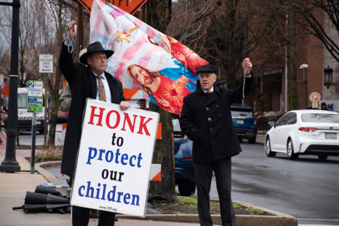 Local religious protesters stand on the corner of Prince and Chestnut St. sharing their opinions and beliefs about the Drag Queen Story Hour at the Lancaster Public Library on Saturday, March. 23, 2024. The Drag Queen Story Hour was canceled in addition to an evacuation order for parts of N. Lime and N. Queen St. being placed were due to multiple threats made in Lancaster City.