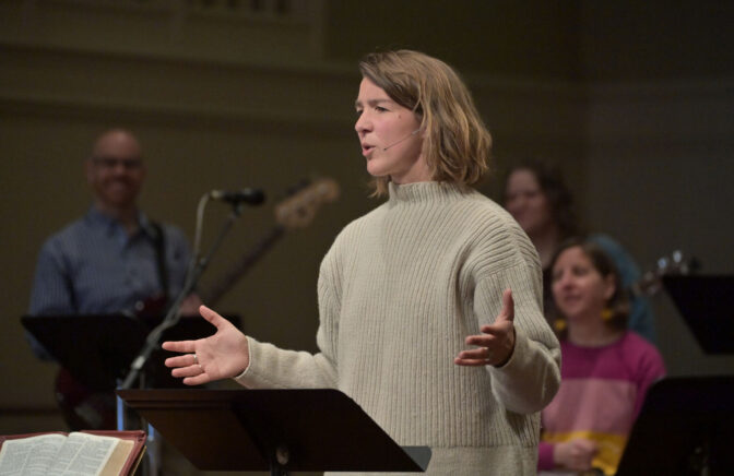 Rev. Liz Fulmer speaks with the congregation during Palm Sunday service at the Grandview Church on Sunday, March 24, 2024.