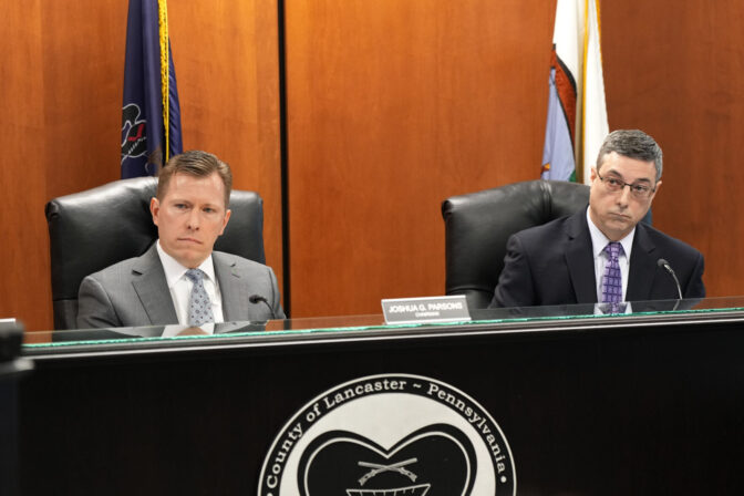 Lancaster County Republican Commissioners Josh Parsons, left, and Ray D'Agostino listen to public comment during the commissioners' meeting at the Lancaster County Government Center on North Queen Street on Wednesday, March 27, 2024.