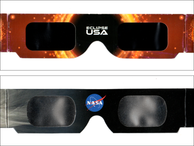 Top: Counterfeit eclipse glasses from China that are printed with "Mfg. by: American Paper Optics," a U.S. company. Bottom: Real eclipse glasses from American Paper Optics. (These are representative designs; most manufacturers of eclipse glasses make them with a wide variety of artwork on the front.) Notice that the lenses in the counterfeit glasses are black and have straight left and right edges, while the lenses in the genuine APO glasses are reflective and have curved left and right edges. Courtesy American Paper Optics and the American Astronomical Society.