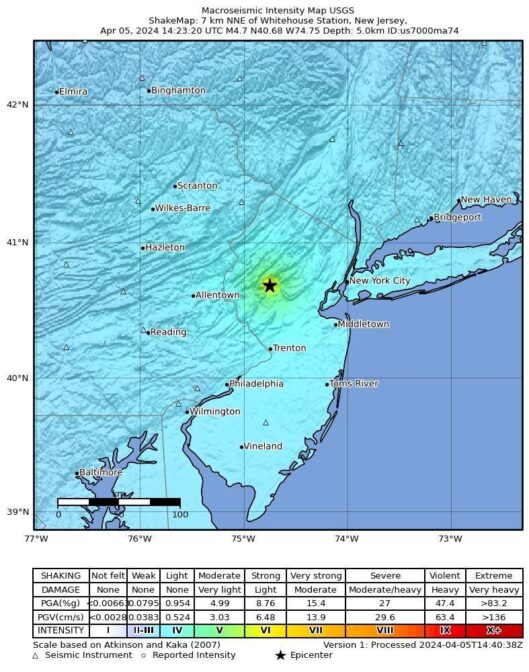 This macroseismic intensity map from the U.S. Geological Survey shows how far away the 4.8-magnitude earthquake in Lebanon, New Jersey on Friday, April 5, 2024, was felt.U.S. Geological Survey